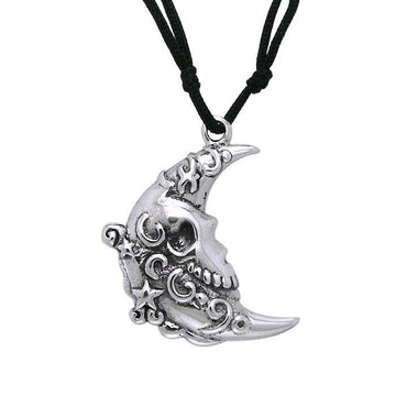 Silver Crescent Moon Skull Pendant and Cord Set TSE427 - Jewelry